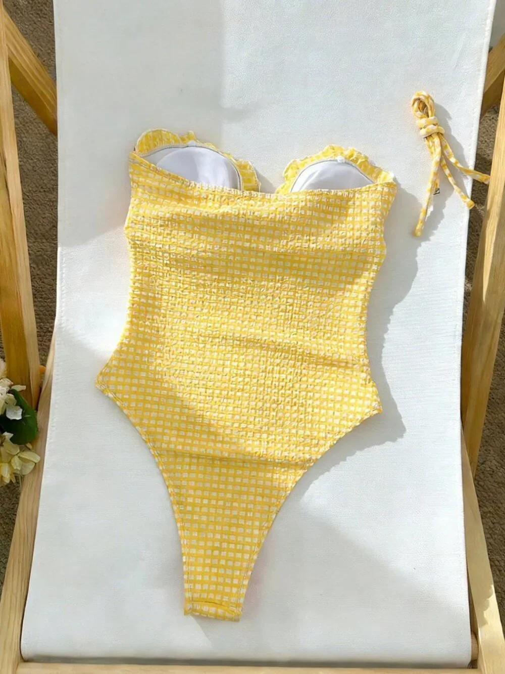 Yellow Women's Gingham strapless one piece swimsuit